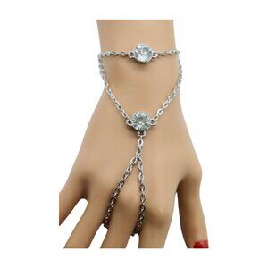 New Women Silver Metal Hand Chain Fashion Bracelet Connected Ring 2 Bling Beads